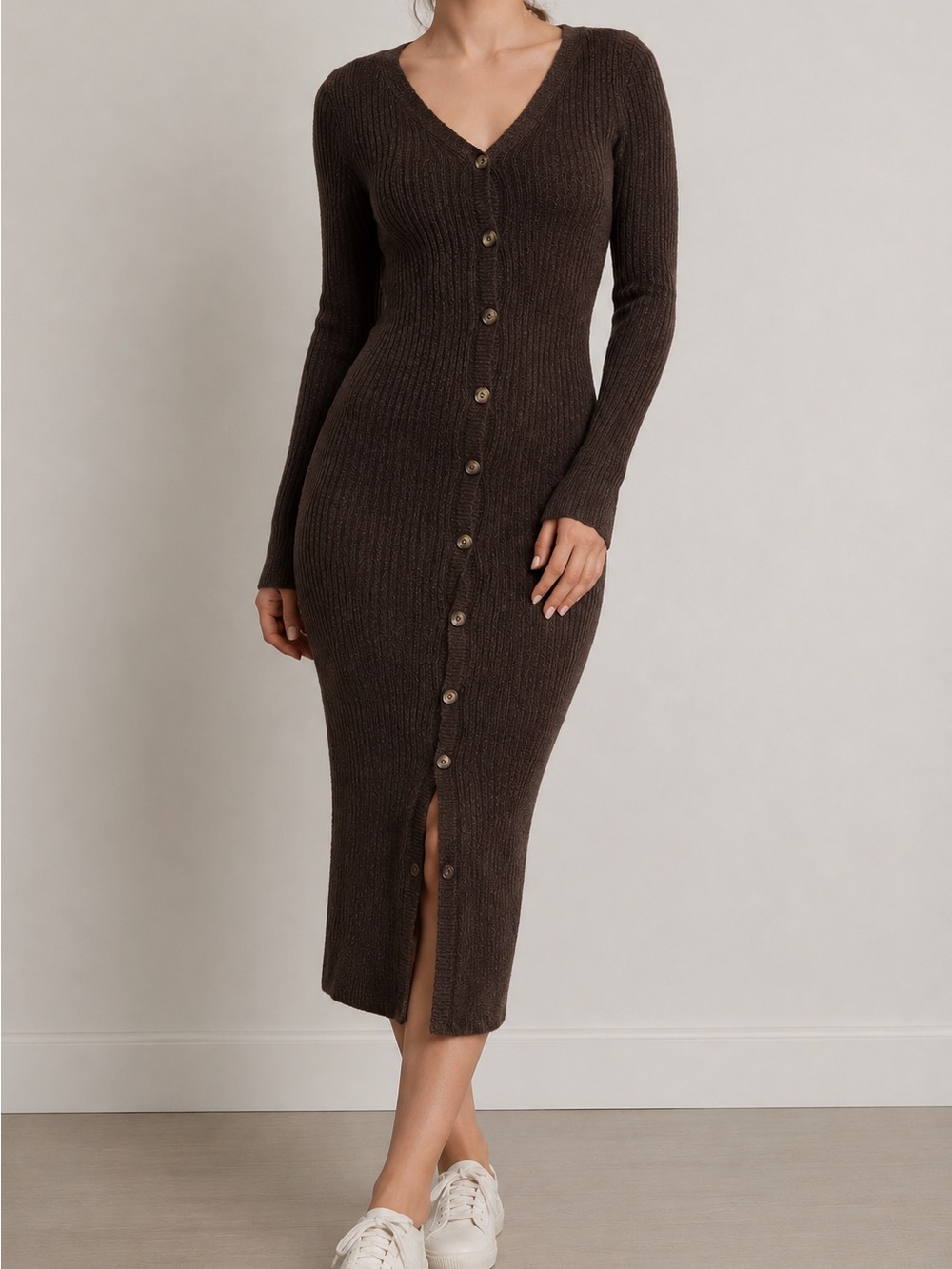 Abercrombie & Fitch Ribbed Sweater Dress Brown Button Front Bodycon Midi Size S